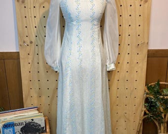 Vintage 70s Prairie Wedding Dress, Blue Floral Maxi Gown, Cottagecore Boho Bride