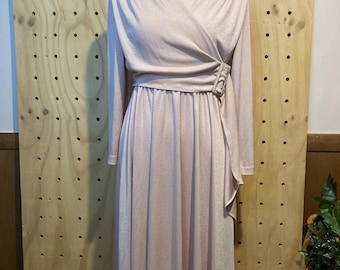 Vintage 1970s Blush Pink Wrap Dress | Draped Maxi, Size 10