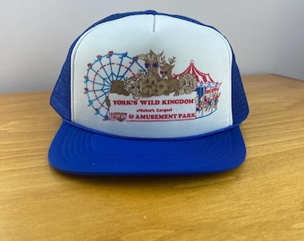 Vintage York’s Wild Kingdom Trucker Hat, Retro Maine Zoo Amusement Park Snapback Cap, Blue Mesh Back Baseball Hat