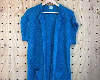 Vintage Blue Knit Cardigan: 1980s Open-Front Sweater, Size XL