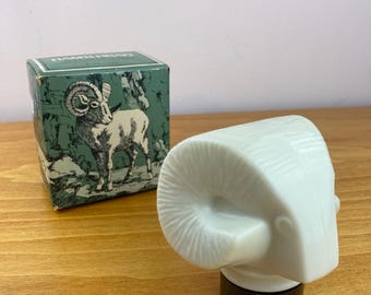 Vintage Avon Milk Glass Ram’s Head After Shave Bottle – 1970s Aries Figural Decanter