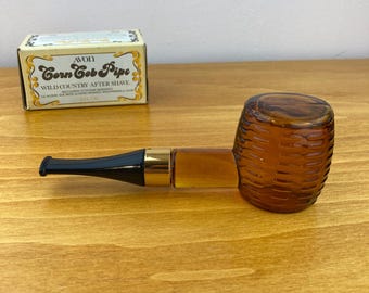 Vintage Avon Corn Cob Pipe Decanter Wild Country Aftershave Bottle 1970s Amber Glass Tobacco Pipe Kitsch Man Cave Decor