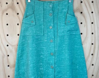 Vintage 60s Turquoise A-Line Skirt: Button Front Pockets, XS/S