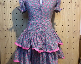 Handmade 80s Rose Print Dress | Tiered Ruffle Skirt, Cottagecore