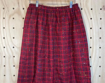 Vintage Red Plaid Skirt: Retro Elastic Waist, Multicolored Thread (Size Large)