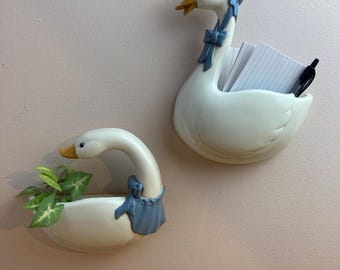 Goose Decor | Vintage 1987 Burwood Goose Wall Pockets Set of 2 | Blue Ribbon Geese | Cottagecore Country Decor | Wall Planter