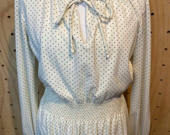 Vintage Polka Dot Midi Dress | Cream Bow Neck Peasant Style