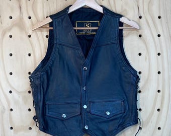 Vintage Black Leather Vest: Women's Lace-Up Biker Vest
