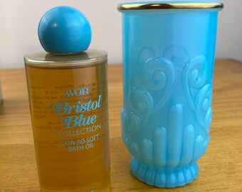 Vintage Avon Bristol Blue Skin So Soft Oil Bottle, Opaline Glass Vanity Decor