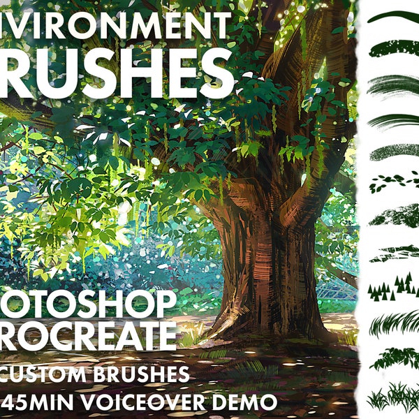 Quick Environment Brushes for Photoshop and Procreate -For painting landscapes & backgrounds, mountains, plants, leaves, trees, grass, water