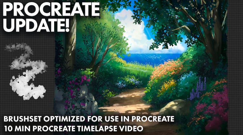 Brush pack for photoshop and procreate, custom made brushes to paint in a ghibli style. Brushes for painting painting plants, leaves, trees, foliage and clouds in your environments and backgrounds. Comes with a real-time voiceover demo tutorial video