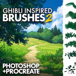 Ghibli-Inspired Brushes 2 for Photoshop and Procreate -For Painting Anime background style landscapes including grass, plants trees & clouds