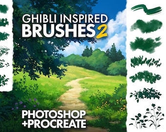 Ghibli-Inspired Brushes 2 for Photoshop and Procreate -For Painting Anime background style landscapes including grass, plants trees & clouds