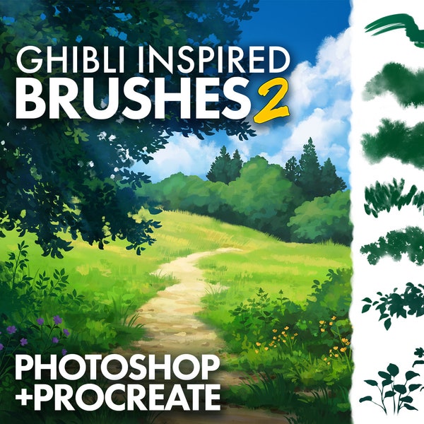 Pinceaux 2 inspirés de Ghibli pour Photoshop et Procreate - Pour peindre des paysages de style anime comprenant de l'herbe, des plantes, des arbres et des nuages