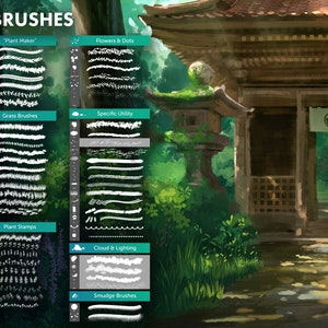Brush pack for photoshop and procreate, custom made brushes to paint in a ghibli style. Brushes for painting painting plants, leaves, trees, foliage and clouds in your environments and backgrounds. Comes with a real-time voiceover demo tutorial video