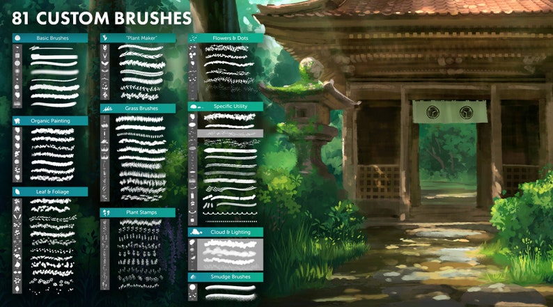 Brush pack for photoshop and procreate, custom made brushes to paint in a ghibli style. Brushes for painting painting plants, leaves, trees, foliage and clouds in your environments and backgrounds. Comes with a real-time voiceover demo tutorial video
