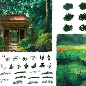 Brush pack for photoshop and procreate, custom made brushes to paint in a ghibli style. Brushes for painting painting plants, leaves, trees, foliage and clouds in your environments and backgrounds. Comes with a real-time voiceover demo tutorial video