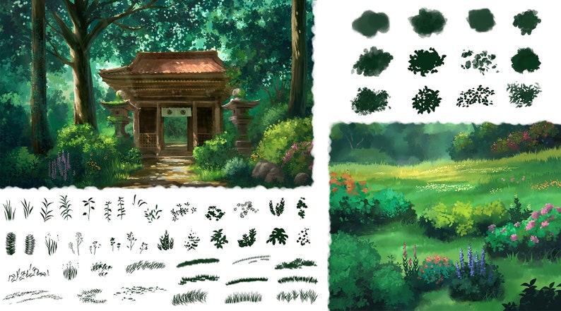 Brush pack for photoshop and procreate, custom made brushes to paint in a ghibli style. Brushes for painting painting plants, leaves, trees, foliage and clouds in your environments and backgrounds. Comes with a real-time voiceover demo tutorial video