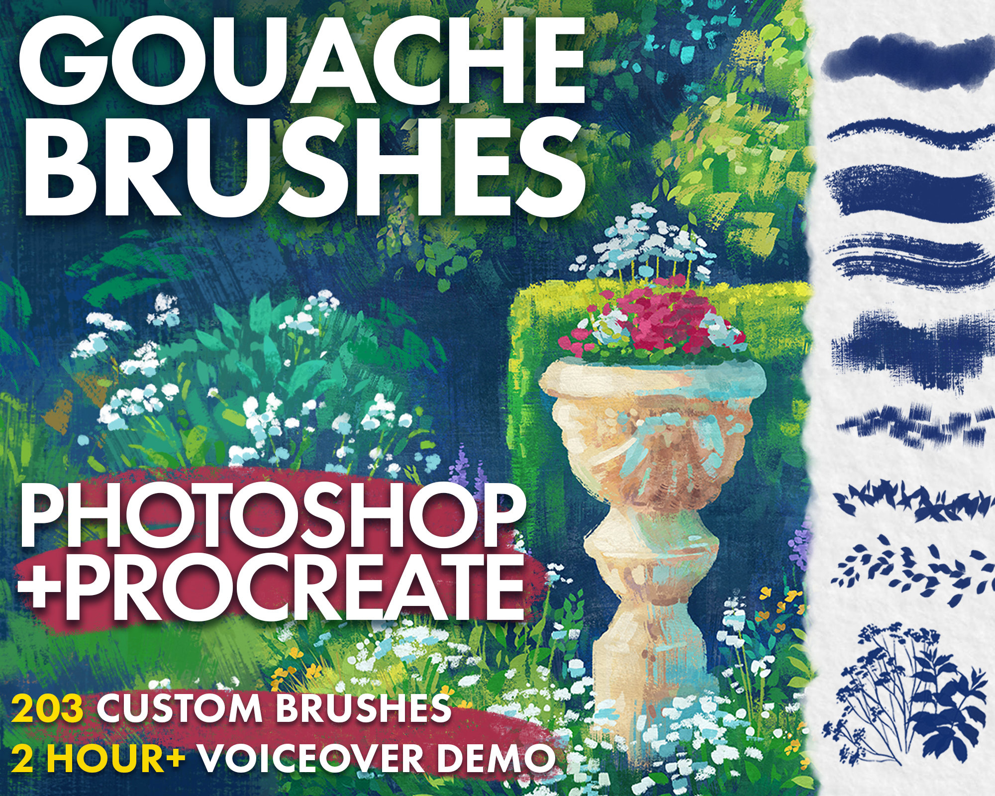 Pinceles de gouache pintados a mano para Photoshop y Procreate – 203 trazos reales, texturas y follaje