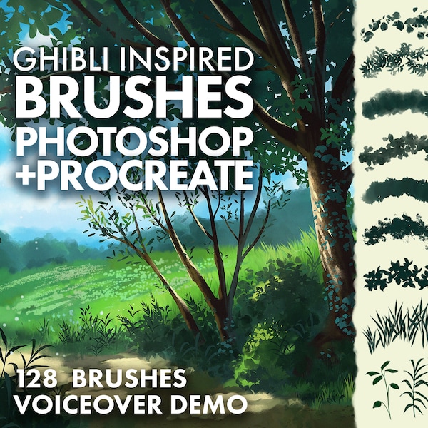 Pinceaux inspirés de Ghibli pour Photoshop et Procreate - Pour peindre des paysages de style anime comprenant de l'herbe, des plantes, des arbres et des nuages