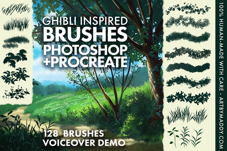 Brush pack for photoshop and procreate, custom made brushes to paint in a ghibli style. Brushes for painting painting plants, leaves, trees, foliage and clouds in your environments and backgrounds. Comes with a real-time voiceover demo tutorial video