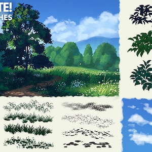 Brush pack for photoshop and procreate, custom made brushes to paint in a ghibli style. Brushes for painting painting plants, leaves, trees, foliage and clouds in your environments and backgrounds. Comes with a real-time voiceover demo tutorial video
