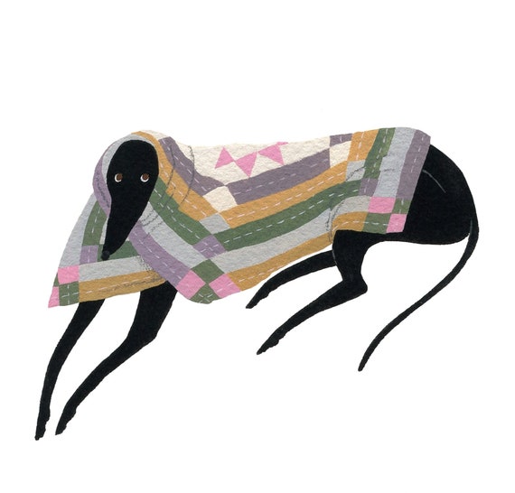 Black greyhound art print "Wearing the Quilt"