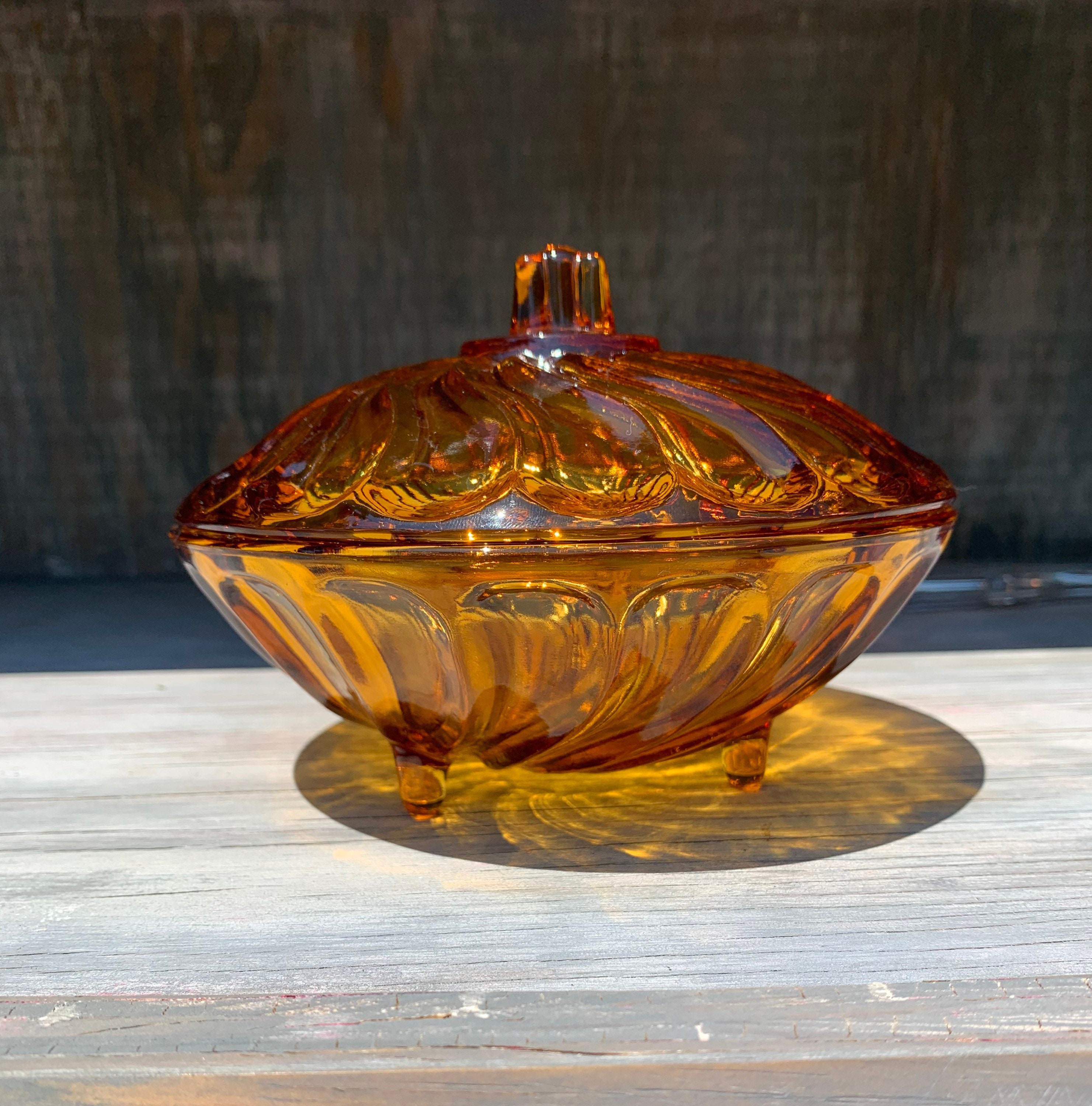 Vintage Amber Candy Dish with Lid and Feet. Excellent Etsy
