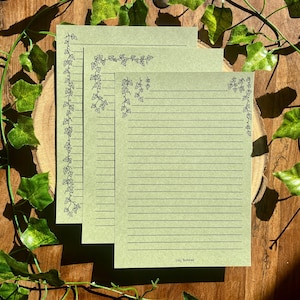 Papier à lettres, motifs lierre, papeterie faite main, papier à lettre cottagecore, feuilles et fleurs