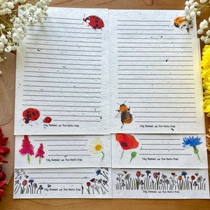 Carta da lettere - Disegni di impollinatori - Api - Fiori di campo - Coccinelle - Illustrazioni a mano - Cancelleria fatta a mano