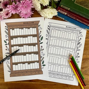 May include: Two printable coloring pages featuring a brown wooden bookcase with five shelves. Each shelf has empty spaces for coloring in books. The bookcases are surrounded by floral designs. The word "BOOKCASE" is printed at the top of each page.