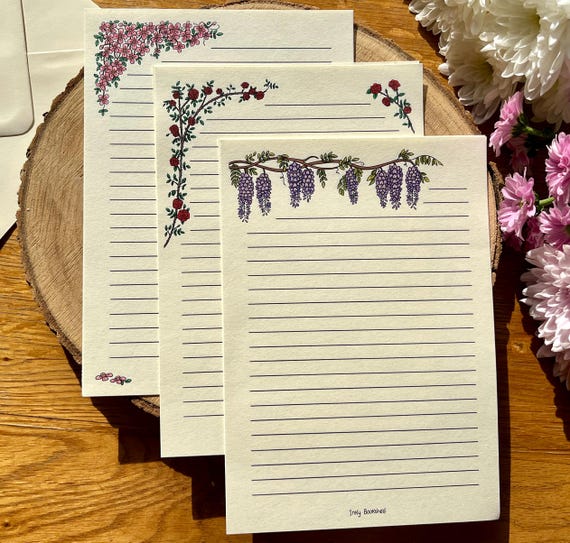 Letter Writing Paper - Climbing Florals - Themed Paper - White Paper - Handmade Stationery - Cottagecore Letter Paper