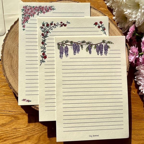 Papel para cartas - Flores trepadoras - Papel temático - Papel blanco - Papelería artesanal - Papel de cartas con estilo cottagecore
