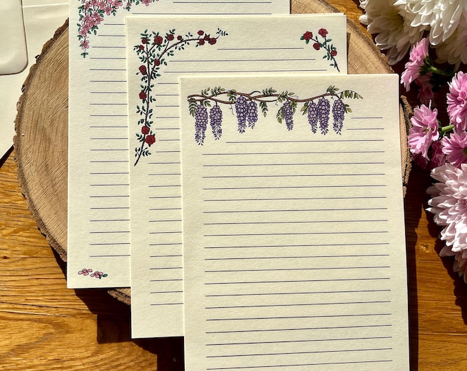 Letter Writing Paper - Climbing Florals - Themed Paper - White Paper - Handmade Stationery - Cottagecore Letter Paper
