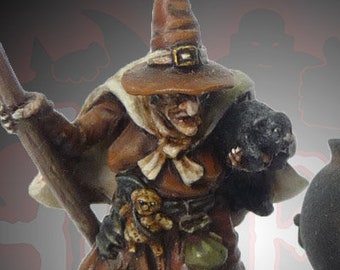 WITCH with broomstick & cat (with/without resin Cauldron) 28mm Heroic Scale Metal Fantasy Miniature