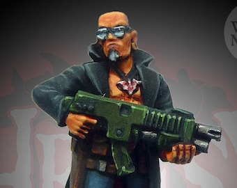 28mm scale SciFi Cyberpunk-style, 'SLICK III', Trenchcoat Ganger With Assault Rifle