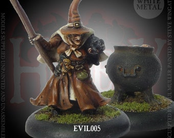 WITCH with broomstick & cat (with/without resin Cauldron) 28mm Heroic Scale Fantasy Miniature