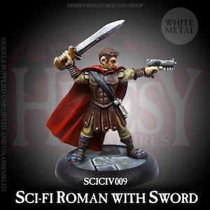 Puede incluir: Una figura en miniatura de metal blanco de un soldado romano de ciencia ficción con una espada y una pistola. La figura lleva una capa roja y una armadura. La miniatura no está pintada ni ensamblada. SCICIV009 SCI-FI ROMAN WITH SWORD