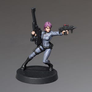 Può includere: Figurina in miniatura di un personaggio femminile in tuta grigia, con due armi da fuoco nere. La figura ha i capelli viola ed è posizionata dinamicamente su una base nera. Il tema generale è la fantascienza o il fantasy.