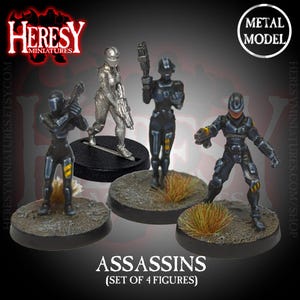 May include: Set of four metal miniature figures of assassins, painted in black, blue, and silver, standing on round bases with artificial grass. The figures are holding weapons and are posed in action stances. The text "ASSASSINS (SET OF 4 FIGURES)" is printed below the figures.