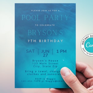 EDITABLE Pool Party Invitation, Summer Swimming Birthday, Instant Digital Download, Canva Template, Printable, 7, Seven