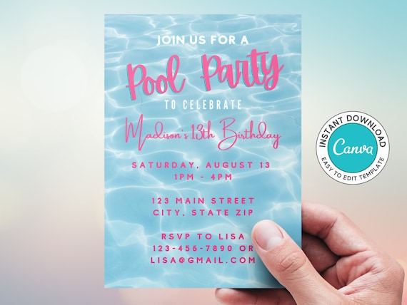 Summer Pool Party Birthday Invitation, Swimming Invite for Kids and Teens, Instant Digital Download Template, Edit in Canva
