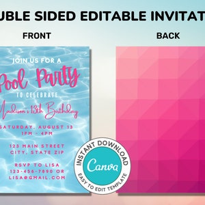 Pu&ograve; includere: Invito modificabile fronte-retro per una festa in piscina. Il fronte presenta uno sfondo con onde d'acqua blu e bianche con il testo "Join us for a Pool Party to celebrate Madison's 13th Birthday". Il retro presenta un motivo geometrico rosa.