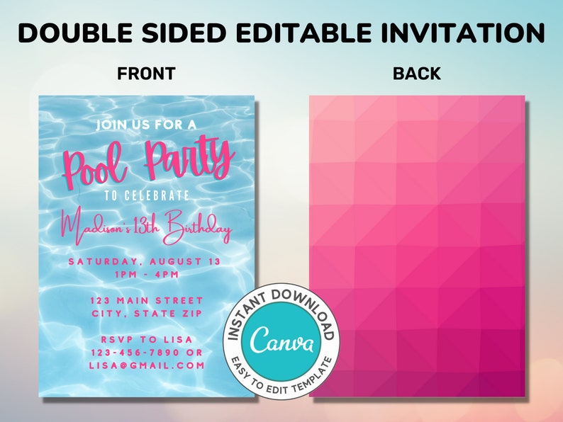 Pu&ograve; includere: Invito modificabile fronte-retro per una festa in piscina. Il fronte presenta uno sfondo con onde d'acqua blu e bianche con il testo "Join us for a Pool Party to celebrate Madison's 13th Birthday". Il retro presenta un motivo geometrico rosa.