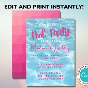 Pu&ograve; includere: Un invito a una festa in piscina blu e rosa con uno sfondo di acqua increspata. Il testo recita "Join us for a Pool Party to celebrate Madison's 13th Birthday. Saturday, August 13, 1PM - 4PM, 123 Main Street, City, State Zip. RSVP to Lisa 123-456-7890 or Lisa@gmail.com".