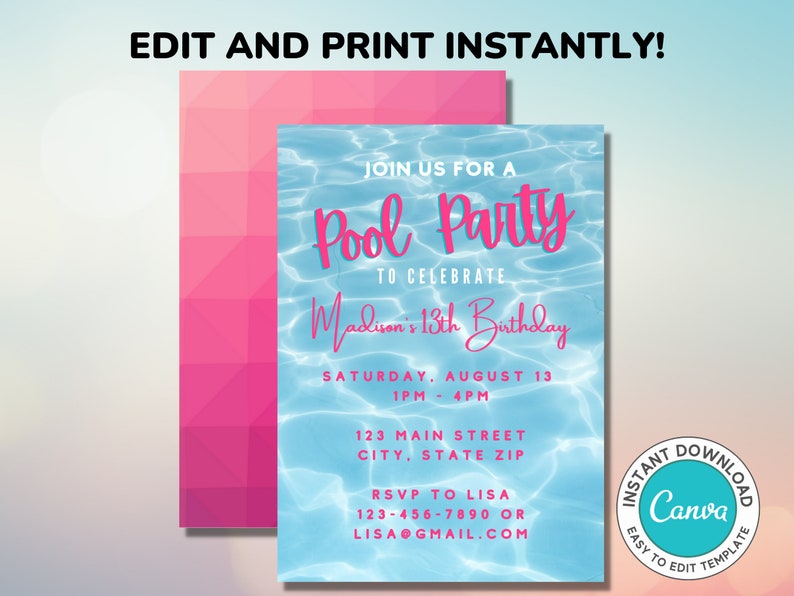 Pu&ograve; includere: Un invito a una festa in piscina blu e rosa con uno sfondo di acqua increspata. Il testo recita "Join us for a Pool Party to celebrate Madison's 13th Birthday. Saturday, August 13, 1PM - 4PM, 123 Main Street, City, State Zip. RSVP to Lisa 123-456-7890 or Lisa@gmail.com".