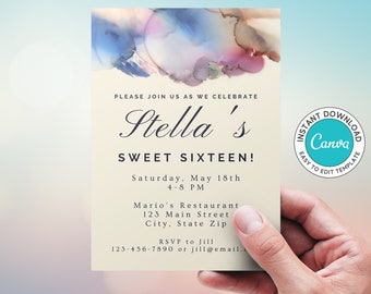 Sweet Sixteen Birthday Party Invite, Modern und Pastell Aquarell, elegant und edel, Sofortiger digitaler Download, Canva Template bearbeiten