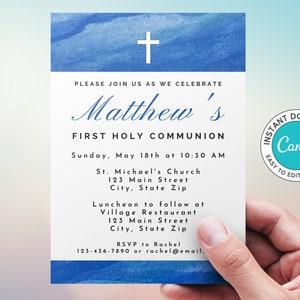 First Holy Communion Invitation, Minimalist Watercolor, Instant Digital Download, Edit Canva Template, Church Invite