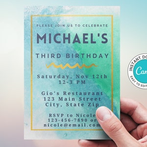 EDITABLE Blue Watercolor 3rd Birthday Party Invitation, Gold Details and Trim, Instant Digital Download, Edit Canva Template