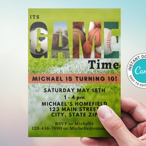 Può includere: Un invito verde e marrone con un collage di foto di vari palloni da sport. Il testo recita "ITS GAME Time MICHAEL IS TURNING 10! SATURDAY MAY 18TH 1-4 pm MICHAEL'S HOMEFIELD 123 MAIN STREET CITY, STATE ZIP RSVP to Michelle 123-456-7890 or Michelle@eman".